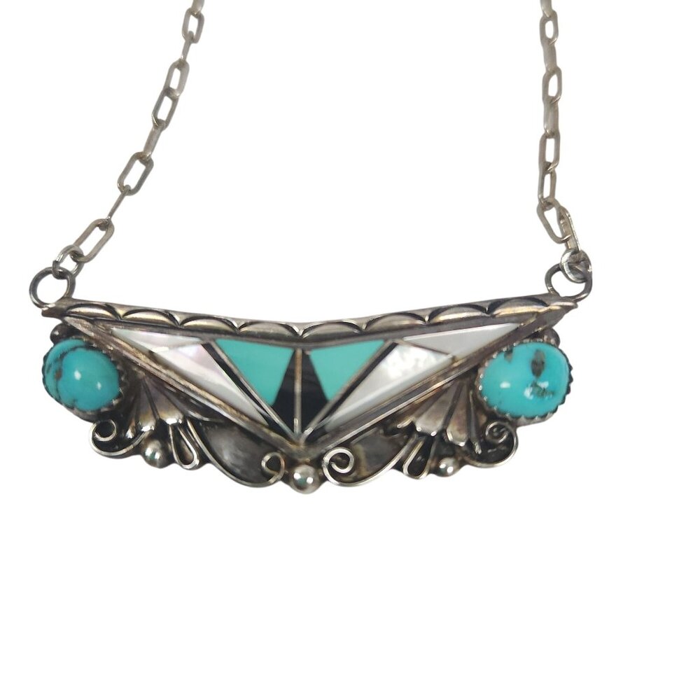 VTG Teme Sterling Silver Turquoise & Mother Of Pearl Inlay Necklace Geometric